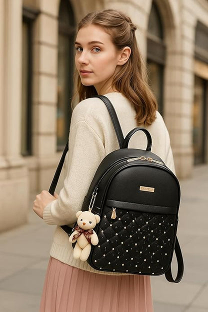 TYPIFY® PU Leather Teddy Keychain Preppy Style Women Backpack Girls College Bag