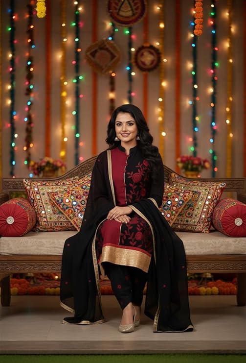 TYPIFY Women’s Semi-Stitched Maroon & Black Embroidered Salwar Suit with Dupatta | Bridal Suit & Marriage Dress Material for Women | Heavy Work Cotton Blend Festival Wear