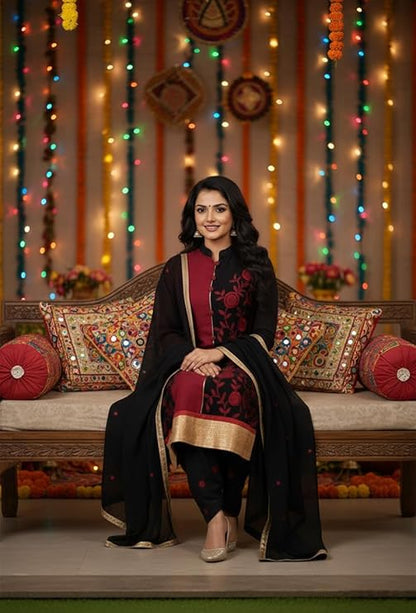 TYPIFY Women’s Semi-Stitched Maroon & Black Embroidered Salwar Suit with Dupatta | Bridal Suit & Marriage Dress Material for Women | Heavy Work Cotton Blend Festival Wear
