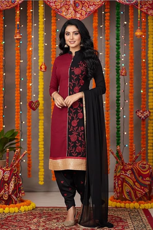 TYPIFY Women’s Semi-Stitched Maroon & Black Embroidered Salwar Suit with Dupatta | Bridal Suit & Marriage Dress Material for Women | Heavy Work Cotton Blend Festival Wear
