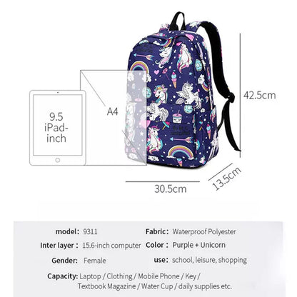 TYPIFY® Polyester Unicorn Printed Waterproof Preppy Style Girls Women Backpack