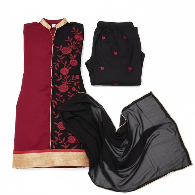 TYPIFY Women’s Semi-Stitched Maroon & Black Embroidered Salwar Suit with Dupatta | Bridal Suit & Marriage Dress Material for Women | Heavy Work Cotton Blend Festival Wear