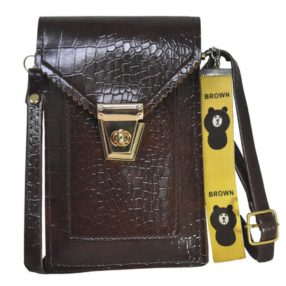 Crocodile Pattern PU Mobile Phone pouch, Cross-body Sling Messenger Bag, Girls Shoulder Travel Shopping Bags, with Bear Charm Keychain, Gift for Her