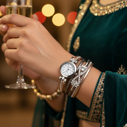 TYPIFY Brown & Rose Gold Bracelet Watch for Women | Imported Analog Quartz Watch with Multi-Layer PU Leather Strap & Crystal Bracelet Design