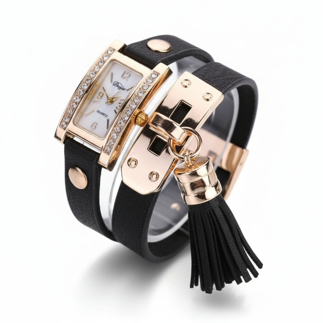 TYPIFY Black Bracelet Watch for Women | Premium Imported Analog Quartz Wristwatch with Gold Dial & Tassel Charm | Stylish Leather Strap Fashion Watch | Perfect Gift for Her