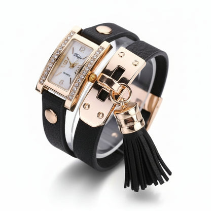TYPIFY Black Bracelet Watch for Women | Premium Imported Analog Quartz Wristwatch with Gold Dial & Tassel Charm | Stylish Leather Strap Fashion Watch | Perfect Gift for Her