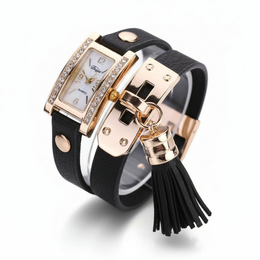 TYPIFY Black Bracelet Watch for Women | Premium Imported Analog Quartz Wristwatch with Gold Dial & Tassel Charm | Stylish Leather Strap Fashion Watch | Perfect Gift for Her