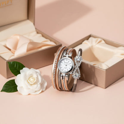 TYPIFY Brown & Rose Gold Bracelet Watch for Women | Imported Analog Quartz Watch with Multi-Layer PU Leather Strap & Crystal Bracelet Design