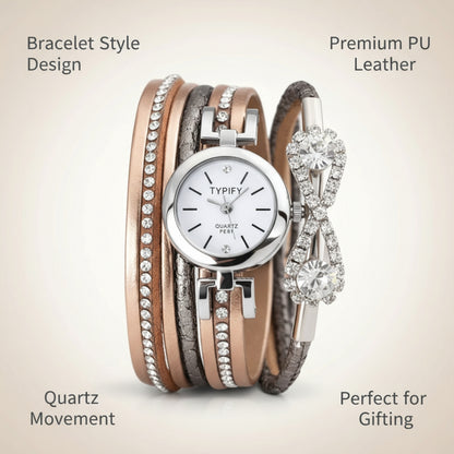 TYPIFY Brown & Rose Gold Bracelet Watch for Women | Imported Analog Quartz Watch with Multi-Layer PU Leather Strap & Crystal Bracelet Design