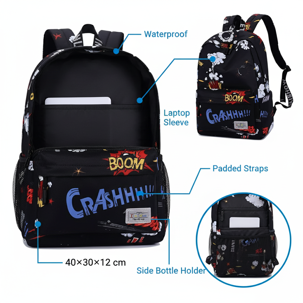 Stylish Unisex Backpack with Laptop Compartment – Comic Print Design | Spacious School, Travel, College & Office Bag for Students, Teens and Adults (Copy)