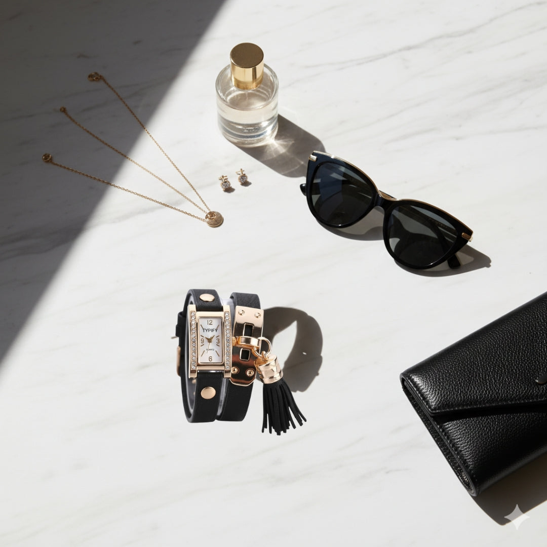 TYPIFY Black Bracelet Watch for Women | Premium Imported Analog Quartz Wristwatch with Gold Dial & Tassel Charm | Stylish Leather Strap Fashion Watch | Perfect Gift for Her