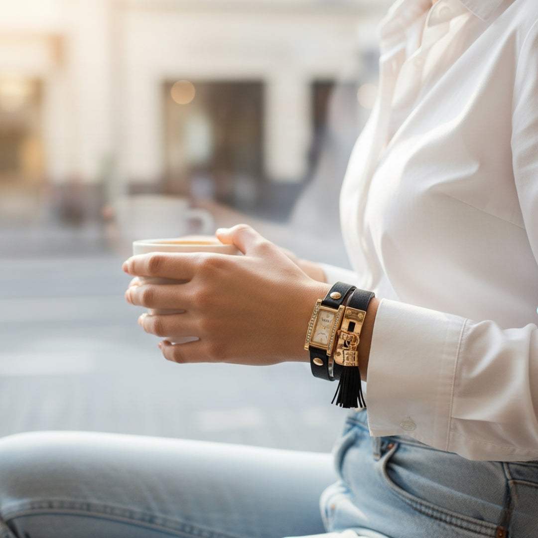 TYPIFY Black Bracelet Watch for Women | Premium Imported Analog Quartz Wristwatch with Gold Dial & Tassel Charm | Stylish Leather Strap Fashion Watch | Perfect Gift for Her