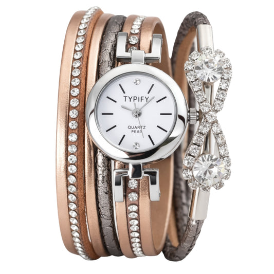 TYPIFY Brown & Rose Gold Bracelet Watch for Women | Imported Analog Quartz Watch with Multi-Layer PU Leather Strap & Crystal Bracelet Design