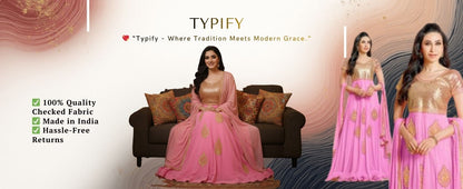 Typify Pink & Gold Semi-Stitched Georgette Anarkali Suit with Dupatta – Designer Party & Wedding Wear