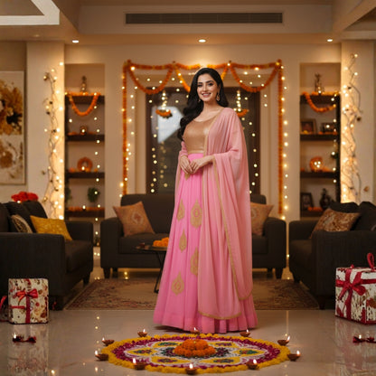 Typify Pink & Gold Semi-Stitched Georgette Anarkali Suit with Dupatta – Designer Party & Wedding Wear