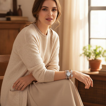 TYPIFY Brown & Rose Gold Bracelet Watch for Women | Imported Analog Quartz Watch with Multi-Layer PU Leather Strap & Crystal Bracelet Design