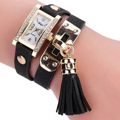 TYPIFY Black Bracelet Watch for Women | Premium Imported Analog Quartz Wristwatch with Gold Dial & Tassel Charm | Stylish Leather Strap Fashion Watch | Perfect Gift for Her