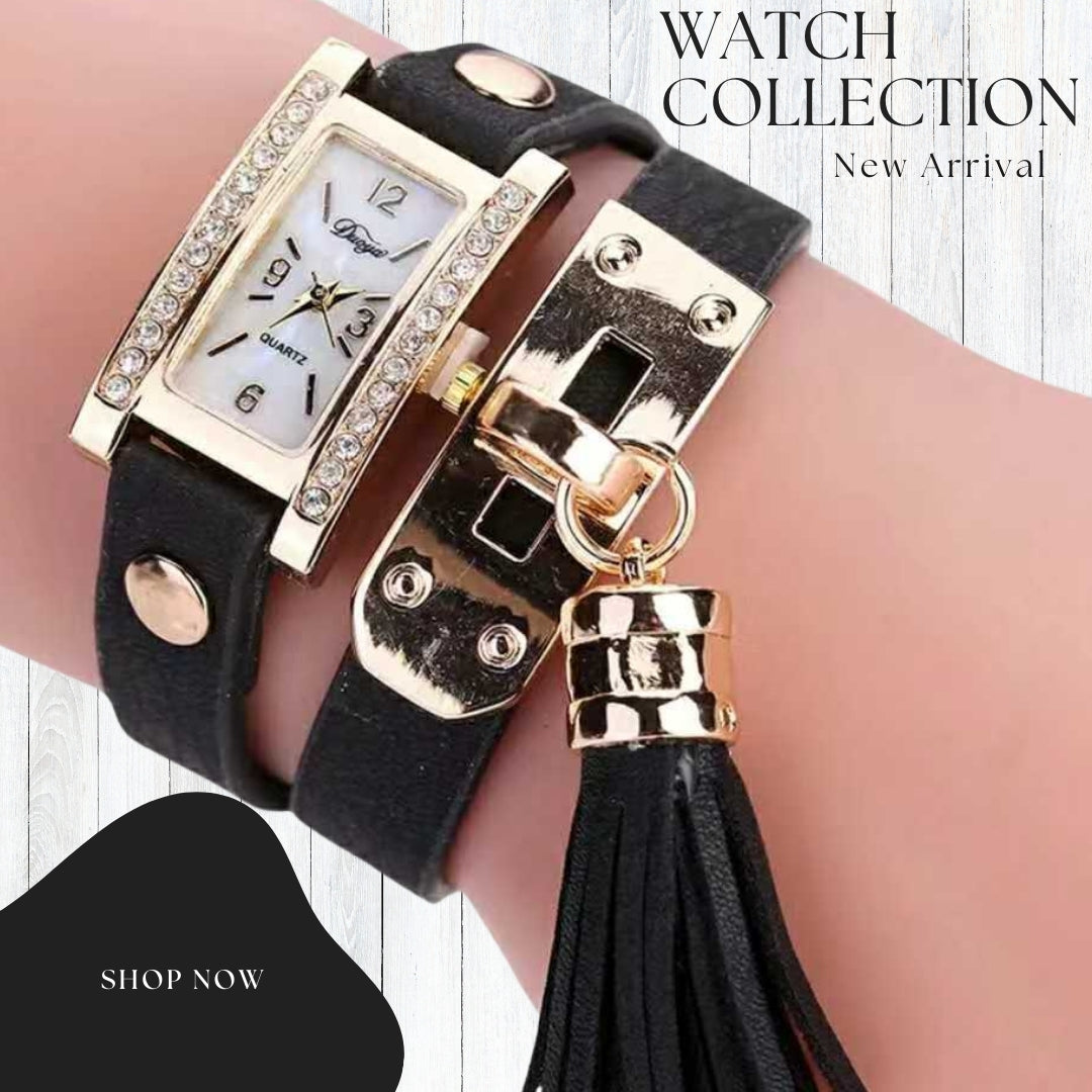 TYPIFY Black Bracelet Watch for Women | Premium Imported Analog Quartz Wristwatch with Gold Dial & Tassel Charm | Stylish Leather Strap Fashion Watch | Perfect Gift for Her