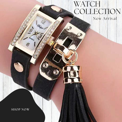 TYPIFY Black Bracelet Watch for Women | Premium Imported Analog Quartz Wristwatch with Gold Dial & Tassel Charm | Stylish Leather Strap Fashion Watch | Perfect Gift for Her