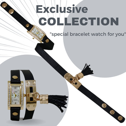 TYPIFY Black Bracelet Watch for Women | Premium Imported Analog Quartz Wristwatch with Gold Dial & Tassel Charm | Stylish Leather Strap Fashion Watch | Perfect Gift for Her