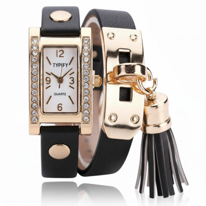 TYPIFY Black Bracelet Watch for Women | Premium Imported Analog Quartz Wristwatch with Gold Dial & Tassel Charm | Stylish Leather Strap Fashion Watch | Perfect Gift for Her