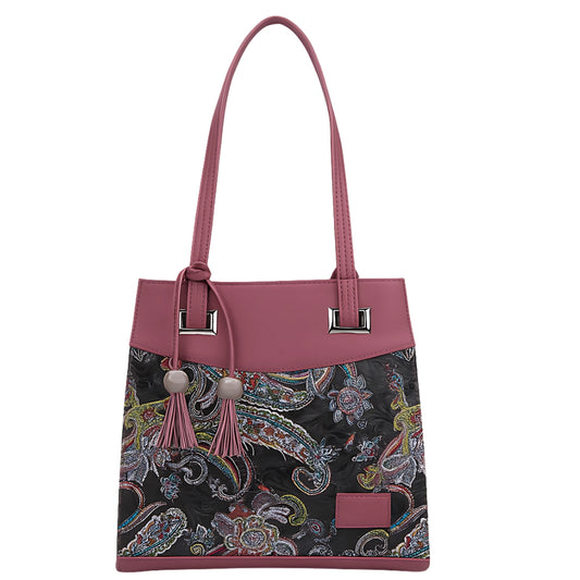 Women's Stylish Faux Leather & Paisley Fabric Shoulder Handbag with Tassel | Trendy Office, Casual, Travel Tote Bag for Ladies & Girls – Burgundy & Multicolor | Gift for her