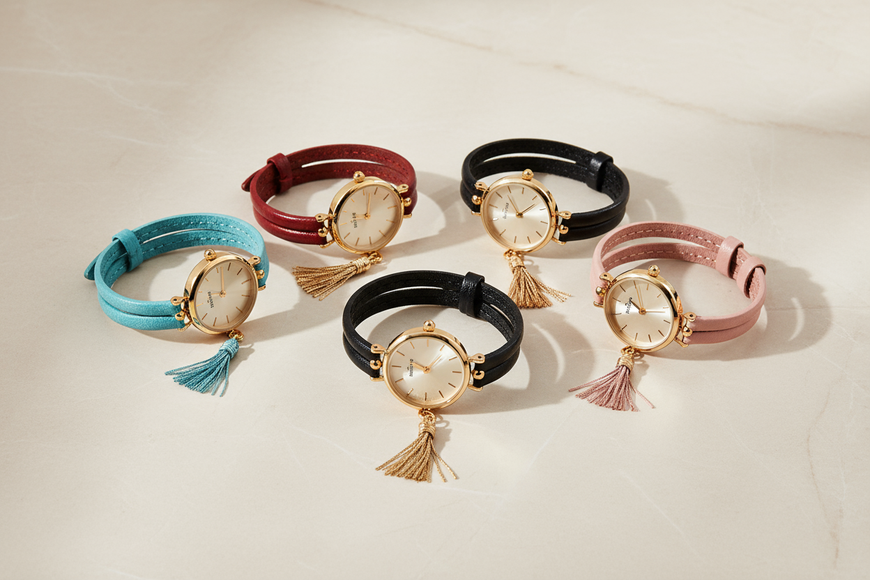 A high-end product photography of five elegant women’s bracelet watches arranged artistically on a clean background. Each watch features a gold dial, tassel charm, and double-wrap PU leather strap in turquoise blue, red, black, brown, and pink colors. Lighting is soft, elegant, and fashion-commercial style. The watches are displayed in a circular or diagonal arrangement with reflections and shadows that feel natural and premium.

Background is soft beige or marble texture, minimal luxury aesthetic. The scen