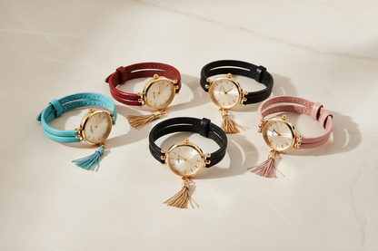 A high-end product photography of five elegant women’s bracelet watches arranged artistically on a clean background. Each watch features a gold dial, tassel charm, and double-wrap PU leather strap in turquoise blue, red, black, brown, and pink colors. Lighting is soft, elegant, and fashion-commercial style. The watches are displayed in a circular or diagonal arrangement with reflections and shadows that feel natural and premium.

Background is soft beige or marble texture, minimal luxury aesthetic. The scen