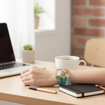 TYPIFY Turquoise Bracelet Watch for Women | Premium Imported Analog Quartz Wristwatch with Gold Dial & Tassel Charm | Stylish Leather Strap Fashion Watch | Perfect Gift for Her