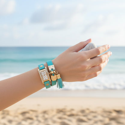 TYPIFY Turquoise Bracelet Watch for Women | Premium Imported Analog Quartz Wristwatch with Gold Dial & Tassel Charm | Stylish Leather Strap Fashion Watch | Perfect Gift for Her