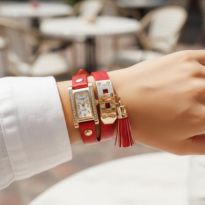 TYPIFY Red Bracelet Watch for Women | Premium Imported Analog Quartz Wristwatch with Gold Dial & Tassel Charm | Stylish Leather Strap Fashion Watch | Perfect Gift for Her