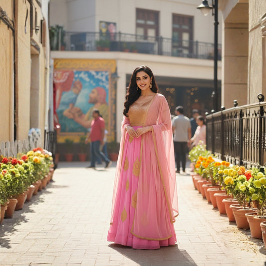 Typify Pink & Gold Semi-Stitched Georgette Anarkali Suit with Dupatta – Designer Party & Wedding Wear