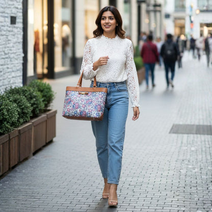 Typify Floral Faux Leather Tote Handbag with Metal Bow – Elegant Printed Shoulder Bag for Women - Gift for Her