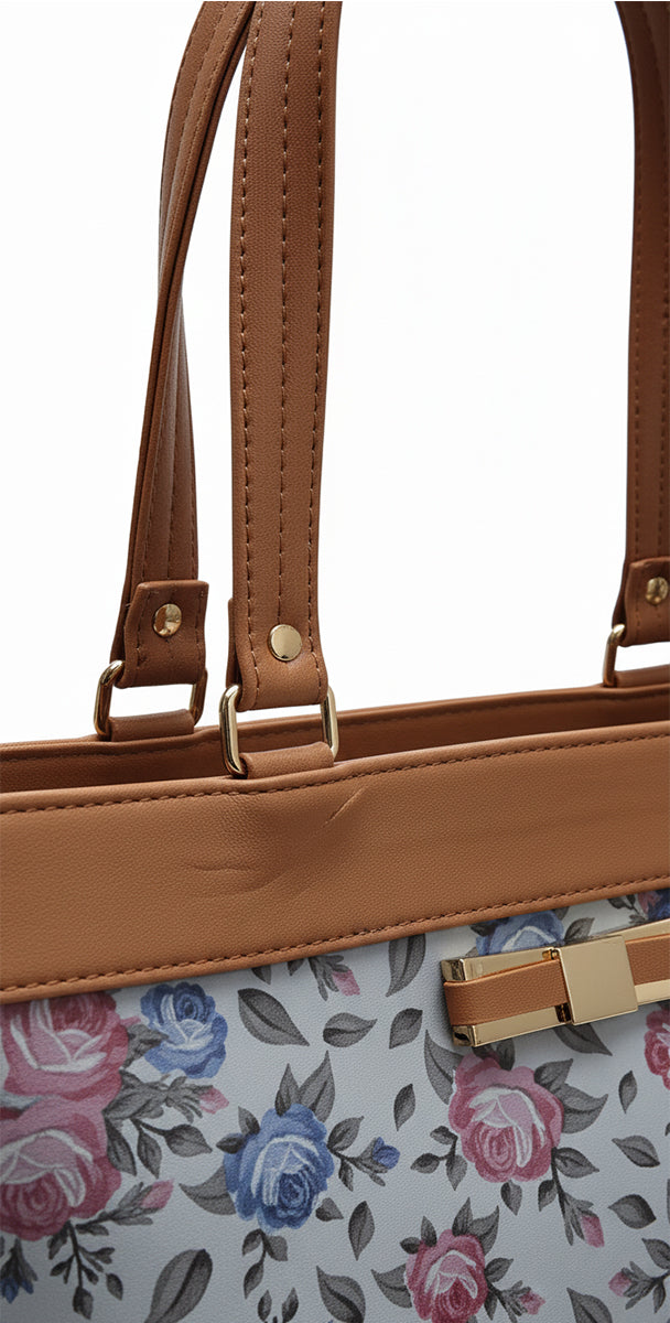 Typify Floral Faux Leather Tote Handbag with Metal Bow – Elegant Printed Shoulder Bag for Women - Gift for Her