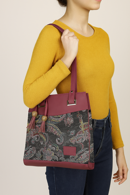 Women's Stylish Faux Leather & Paisley Fabric Shoulder Handbag with Tassel | Trendy Office, Casual, Travel Tote Bag for Ladies & Girls – Burgundy & Multicolor | Gift for her