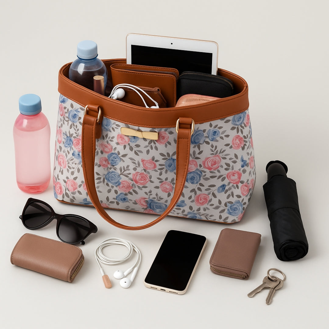 Typify Floral Faux Leather Tote Handbag with Metal Bow – Elegant Printed Shoulder Bag for Women - Gift for Her