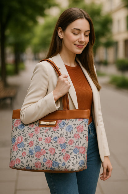 Typify Floral Faux Leather Tote Handbag with Metal Bow – Elegant Printed Shoulder Bag for Women - Gift for Her