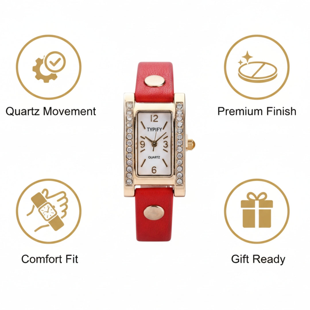 TYPIFY Red Bracelet Watch for Women | Premium Imported Analog Quartz Wristwatch with Gold Dial & Tassel Charm | Stylish Leather Strap Fashion Watch | Perfect Gift for Her