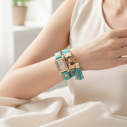 TYPIFY Turquoise Bracelet Watch for Women | Premium Imported Analog Quartz Wristwatch with Gold Dial & Tassel Charm | Stylish Leather Strap Fashion Watch | Perfect Gift for Her