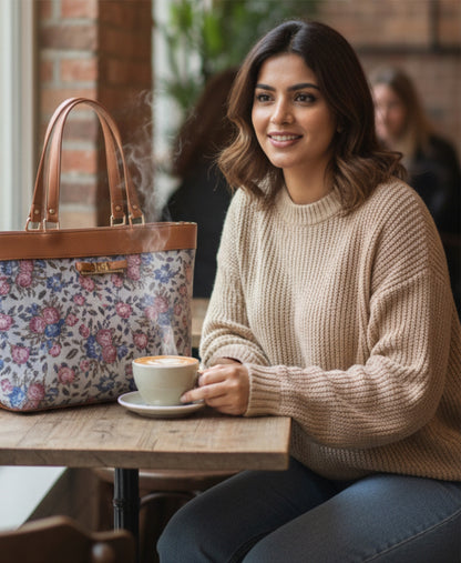 Typify Floral Faux Leather Tote Handbag with Metal Bow – Elegant Printed Shoulder Bag for Women - Gift for Her