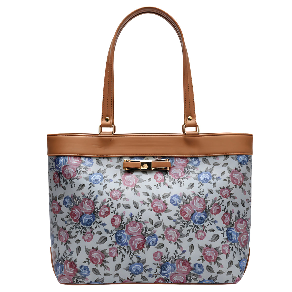 Typify Floral Faux Leather Tote Handbag with Metal Bow – Elegant Printed Shoulder Bag for Women - Gift for Her