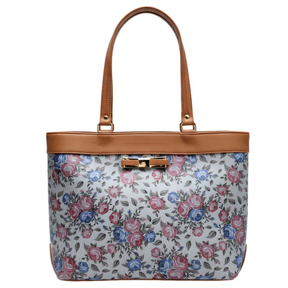 Typify Floral Faux Leather Tote Handbag with Metal Bow – Elegant Printed Shoulder Bag for Women - Gift for Her