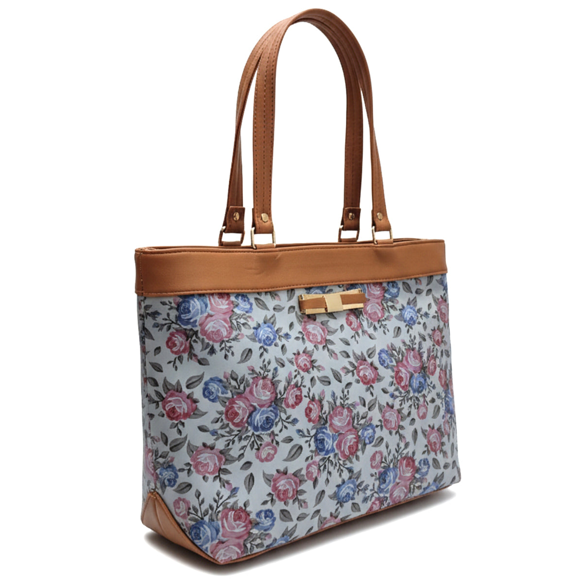 Typify Floral Faux Leather Tote Handbag with Metal Bow – Elegant Printed Shoulder Bag for Women - Gift for Her