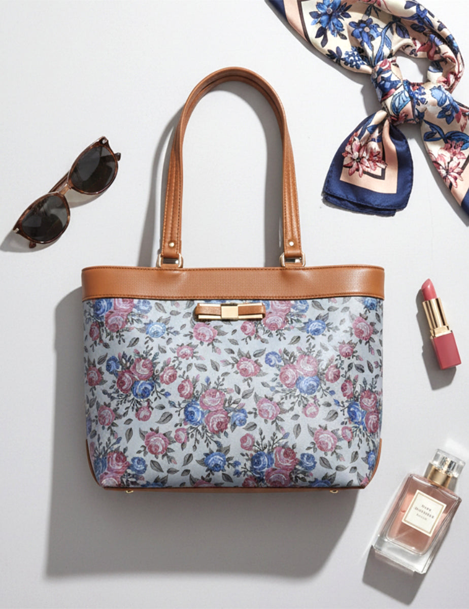 Typify Floral Faux Leather Tote Handbag with Metal Bow – Elegant Printed Shoulder Bag for Women - Gift for Her