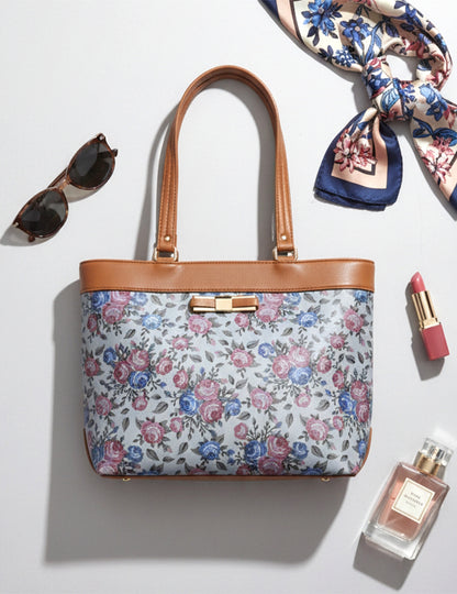 Typify Floral Faux Leather Tote Handbag with Metal Bow – Elegant Printed Shoulder Bag for Women - Gift for Her