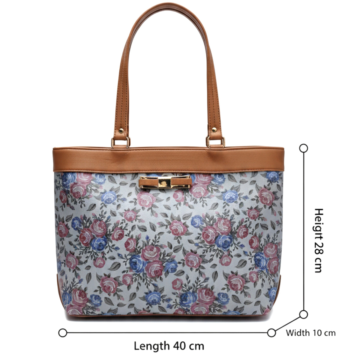 Typify Floral Faux Leather Tote Handbag with Metal Bow – Elegant Printed Shoulder Bag for Women - Gift for Her