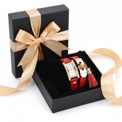 TYPIFY Red Bracelet Watch for Women | Premium Imported Analog Quartz Wristwatch with Gold Dial & Tassel Charm | Stylish Leather Strap Fashion Watch | Perfect Gift for Her