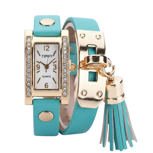 TYPIFY Turquoise Bracelet Watch for Women | Premium Imported Analog Quartz Wristwatch with Gold Dial & Tassel Charm | Stylish Leather Strap Fashion Watch | Perfect Gift for Her