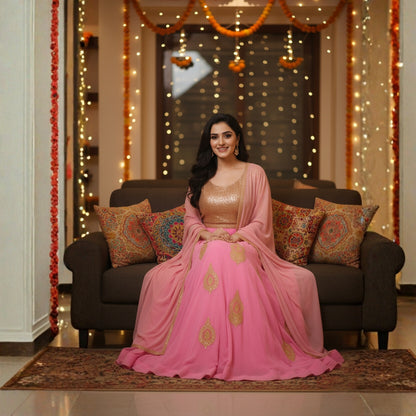 Typify Pink & Gold Semi-Stitched Georgette Anarkali Suit with Dupatta – Designer Party & Wedding Wear