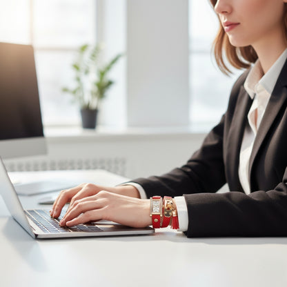 TYPIFY Red Bracelet Watch for Women | Premium Imported Analog Quartz Wristwatch with Gold Dial & Tassel Charm | Stylish Leather Strap Fashion Watch | Perfect Gift for Her